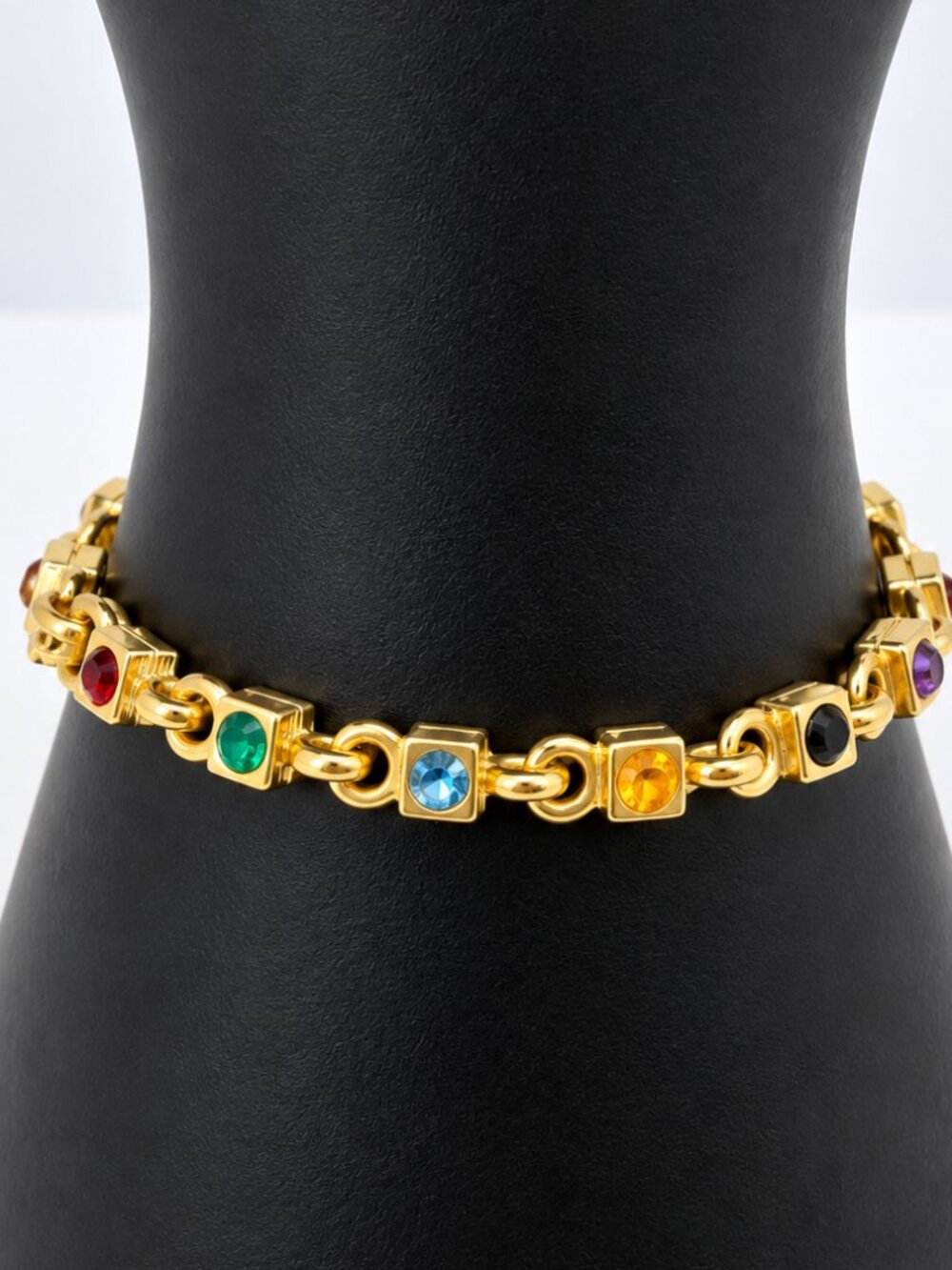 Gold Tone Multicolor Rhinestone Link Bracelet Rainbow Statement Jewelry